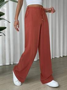 SHEIN EZwear 女士休闲玫红色亚麻抽绳腰斜口袋阔腿裤 - 玫瑰紅 - 查看 6
