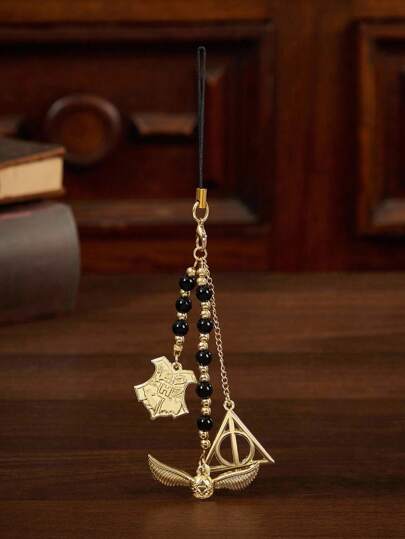 HARRY POTTER X SHEIN Handgemaakte telefoonkoord met zwarte en gouden kralen, geschikt als cadeau, verzameling of memorabilia, met ontwerpen van de Gouden Snaai en de Relieken van de Dood.