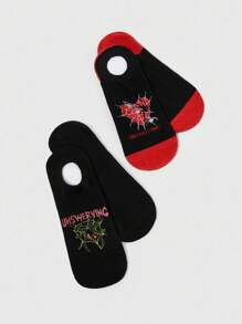 ROMWE Grunge Punk 2 Pairs Women Dark Red Spider Web & Spider Pattern Comfortable Short Socks, Style#1586325/411803, Halloween - Multicolor - View 1