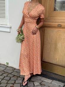 SHEIN Unity 女式時尚V領甜心腰短袖連衣裙 - 黃色 - 查看 4
