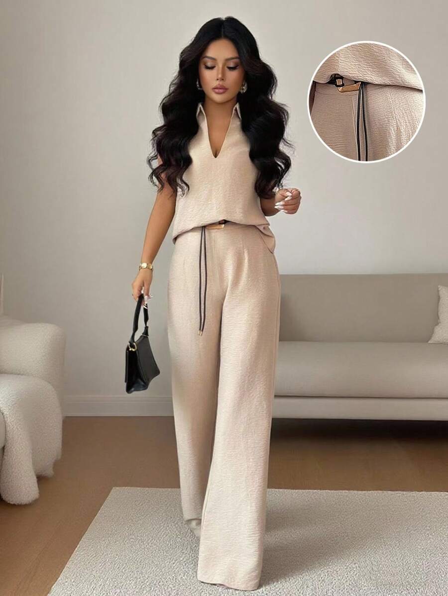 Rafferiza Conjunto de 2 piezas para mujer de top sin mangas con escote en V y pantalones rectos con cinturón decorativo, estilo casual y versátil, para primavera/verano - Caqui - Ver 1