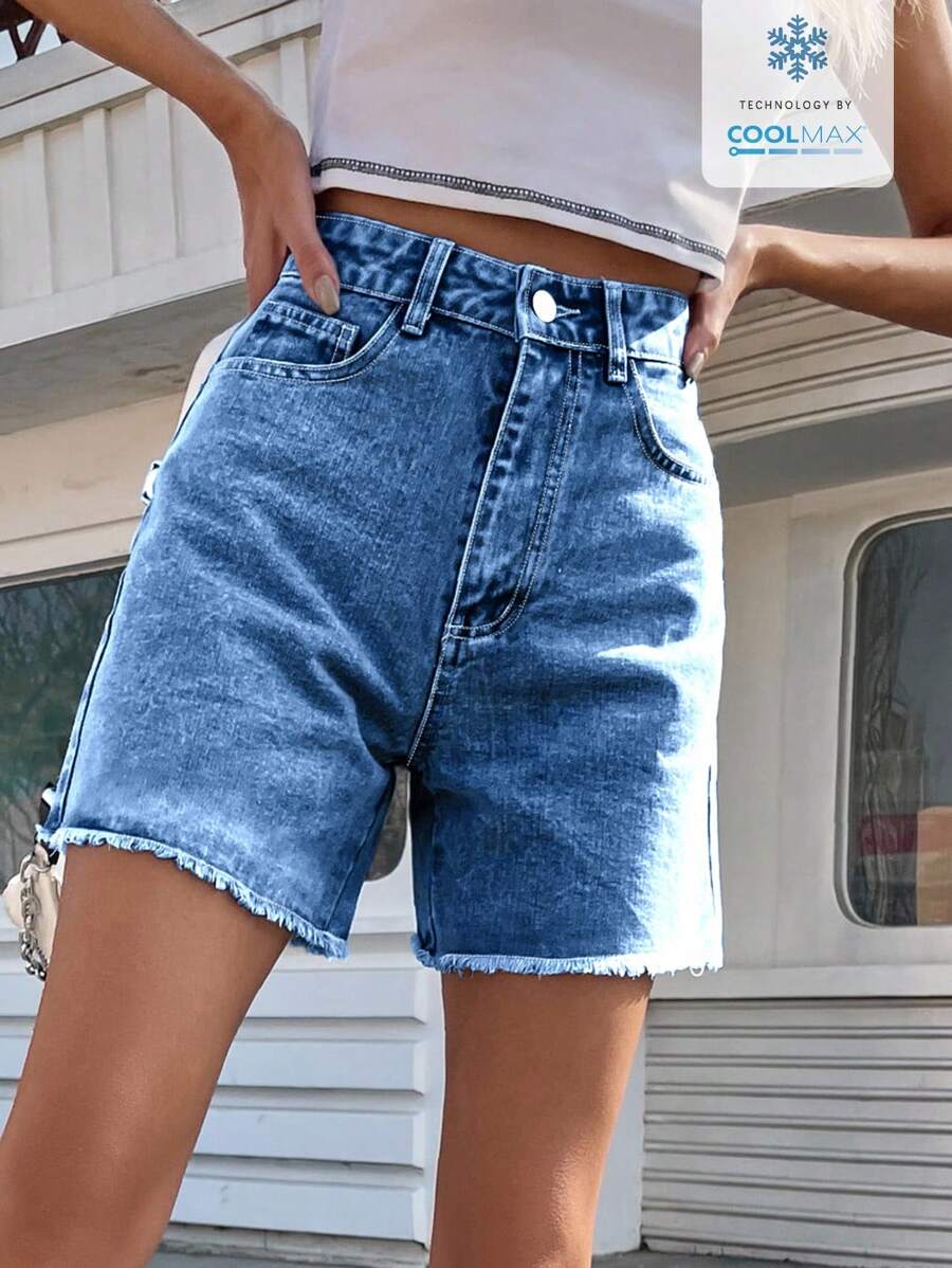 EMERY ROSE Women Casual Washed Raw Hem Denim Shorts - Medium Wash - View 1