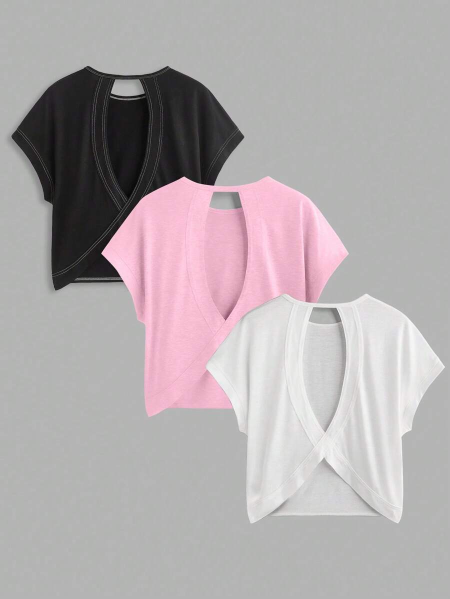 SHEIN Essnce 3件套女士夏季休闲圆领露背宽松短袖T恤套装，黑/粉/白，3件装露脐上衣，适合外出、返校穿着 - 彩色 - 查看 1