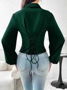 Modelyn Áo sơ mi tay đèn lồng buộc chéo màu trơn thanh lịch dành cho nữ màu đỏ tía, mùa thu - Màu xanh lá cây đậm - Xem 6