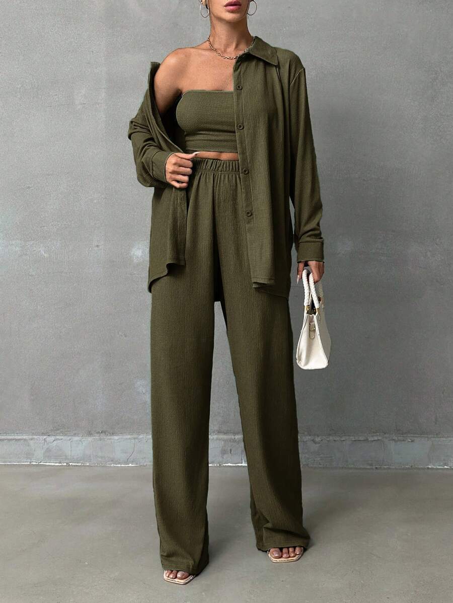 SHEIN Tall Bộ 3 món Áo sơ mi họa tiết & Áo không dây & Quần Thường ngày & Thời trang - xanh quân đội - Xem 1