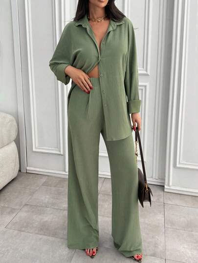 EURMUSE Textured Fabric Drop Shoulder Shirt & Wide Leg, 2pcs Set For Women