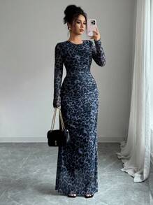 Rafferiza Đầm dài tay lưới bó họa tiết da báo thanh lịch dành cho nữ, phù hợp cho trang phục Maxi mùa xuân và mùa thu - Màu xanh bụi bặm - Xem 4