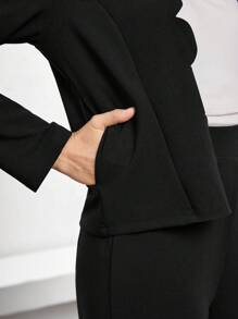 Miaspire 女式纯色贝壳边衬衫和裤子套装 - 黑色 - 查看 7