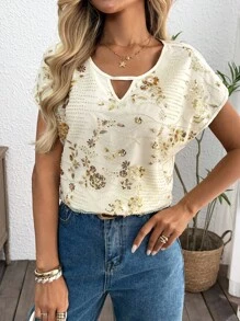 SHEIN LUNE Women's White Floral Sequin Embroidery Patchwork V-Neck Loose Fit Blouse,Elegant Summer Wedding Guest Tops,Fairycore Short Sleeve Shirt,Rave - Apricot - View 3