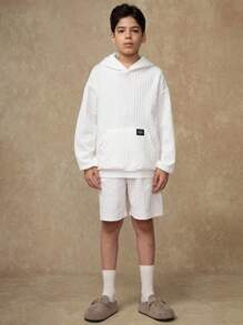 SHEIN Explorewe 2 件套时尚青少年男孩波浪提花长袖连帽衫，带大口袋 + 休闲短裤，适合上学、通勤、度假、正式场合、旅行、户外、春夏季、日常休闲、家庭聚会、秋冬季 - 白色 - 查看 7