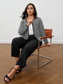 SHEIN Clasi Plus Houndstooth Print Open Front Jacket,Fall Women Clothes Winter Autumn