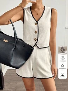 Easowa 2 件套女士夏季亚麻背心和短裤套装，适合机场装女士夏装女士教师装亚麻教师装商务职业女士纽扣衬衫套装工作服旧钱亚麻两件套 2 件背心和短裤套装女士两件亚麻套装奶油色两件套两件短裤套装女士女士亚麻夏季装女士教师装旧钱风格 - 杏色 - 查看 4