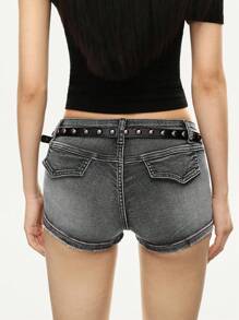 Rina Fox Quần short denim cạp cao hai nút bỏ túi dành cho nữ - Xám - Xem 2