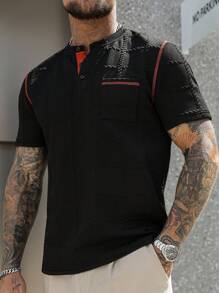 Manfinity Homme 男士撞色缝线纽扣 Polo 领短袖 T 恤，休闲夏季