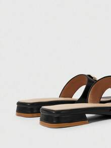 Sleekvia Women's Black Square Toe Metal Buckle Hollow Out Flat Sandals, Basic Beach Casual Elegant Style - Black - View 8