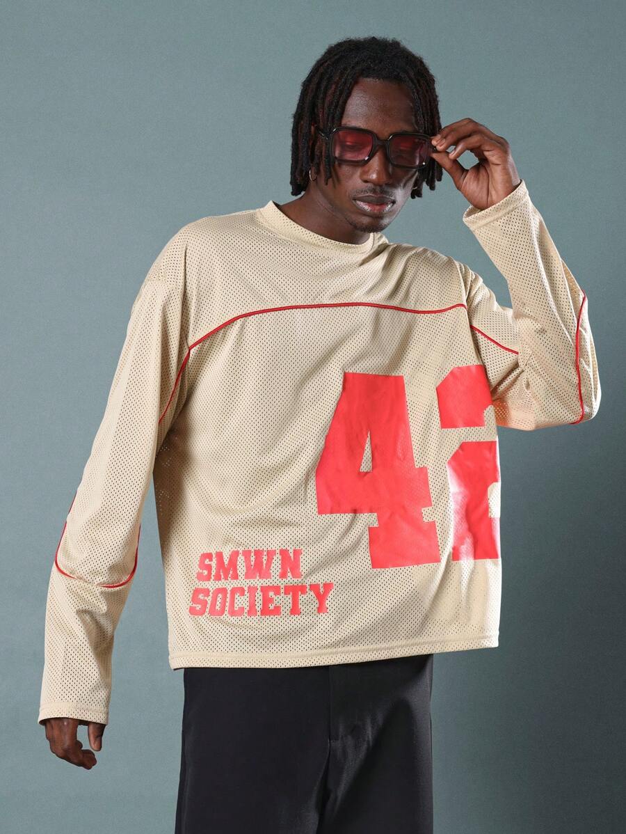 SUMWON Camiseta de equipo de estilo varsity de manga larga de malla, rendimiento atlético, estilo de baloncesto, ropa urbana, estilo activo y fresco de otoño, casual - Caqui - Ver 1