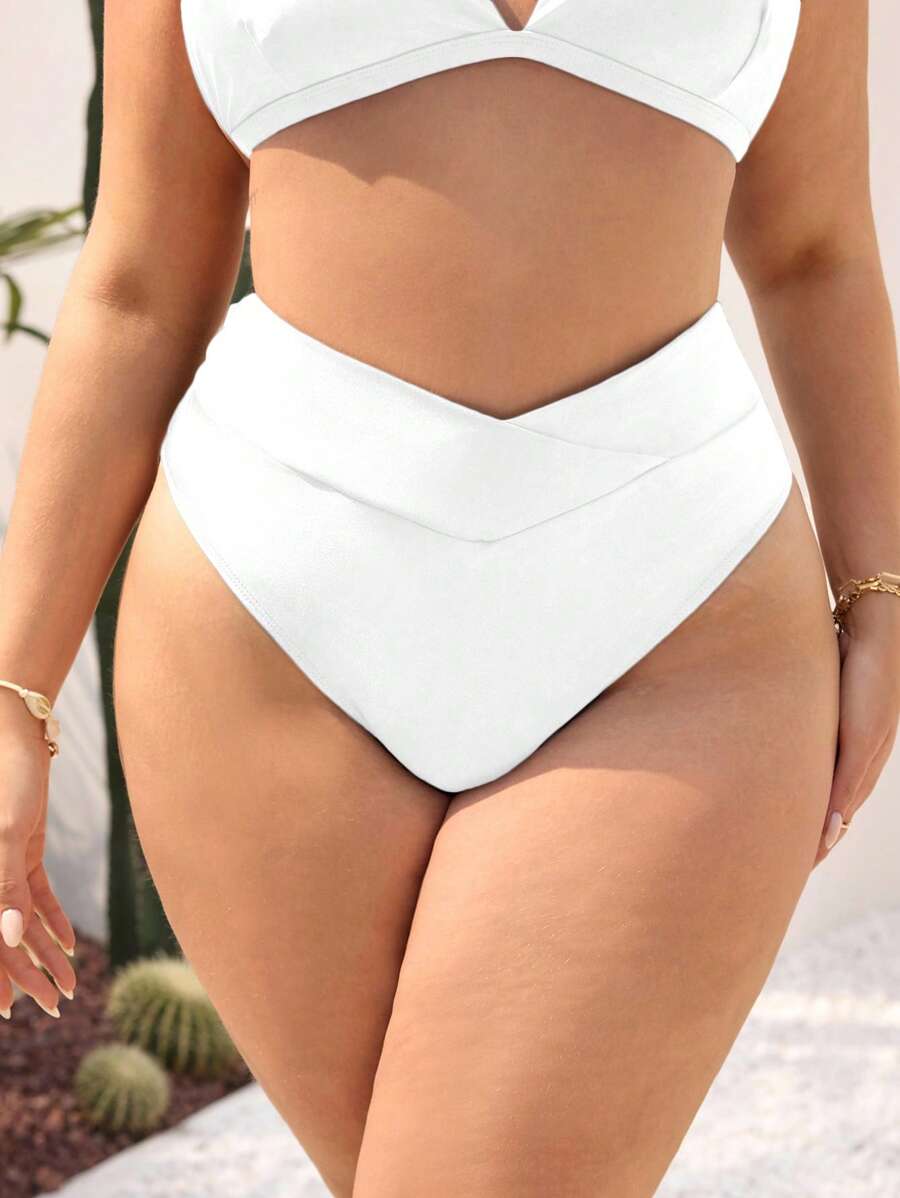 Swim SXY 大尺碼女款素色重疊腰部夏季海灘度假泳裝下身 - 白色 - 查看 1