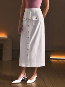 SHEIN Frenchy 女式纯色单排扣工装口袋休闲长款牛仔裙 - 白色 - 查看 7
