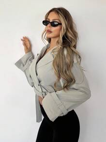 SHEIN ICON Jaqueta corta-vento feminina casual, com recorte na cintura e manga comprida, desfiada e com desfiado, gola alta, estilo streetwear, outono/inverno - Branco - Ver 5