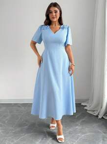 Elenzga Plus Size Textured Bow V-Neck Short Sleeve Dress - Blue - View 7