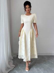 Modelyn Damen Gewebe-Collagen-Midi-Kleid mit kurzen Ärmeln und A-Linie, figurbetonter Silhouette - Aprikosenfarben - Übersicht 7
