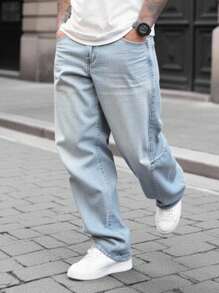 Manfinity Homme 男士浅色水洗宽松牛仔裤——宽松版型街头休闲阔腿裤，带口袋，长款设计，彰显现代风格。男士浅蓝色宽松牛仔裤