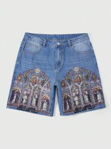 ROMWE MEN Street Life Quần short denim in họa tiết cổ điển cho nam, mùa hè - Màu xanh lam - Xem 1