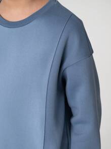 2 pezzi/set, maglione girocollo blu in morbida pile di qualità vintage e pantaloni in velluto a coste per ragazze alla moda, adatto per autunno/inverno, caldo, all'aperto, streetwear, casual, casa, viaggio
