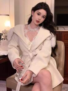 DAZY 女式宽松毛领系带羊毛大衣，秋冬夹克 - 白色 - 查看 9