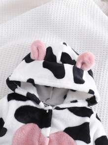 新生儿拼布爱心动物耳朵奶牛印花长袖连帽连体衣睡衣 - 白色 - 查看 4