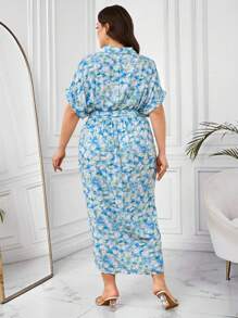 Modelyn Plus Size Women Summer Holiday Floral Printed Batwing Sleeve Belt Pleated Fitted Shirt Dress