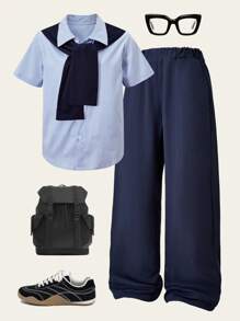 Casuvi Kids 3Pcs Boys Casual Striped Collar Shirt & Lapel Cape & Pockets Pants Set, Suitable For Commuting, Daily, School, Spring/Summer - Multicolor - View 3