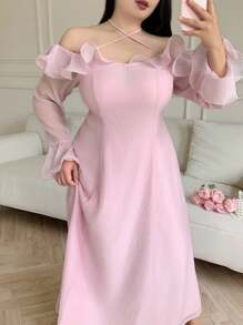 Modelyn 大码女式纯色荷叶边喇叭袖优雅连衣裙 - 粉色 - 查看 1