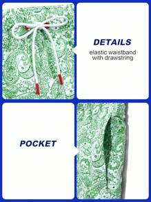 Manfinity VDAYZ 男士佩斯利印花抽绳腰斜口袋沙滩短裤，适合夏季度假男士绿色佩斯利泳裤男士沙滩装男士泳装 - 綠色 - 查看 4