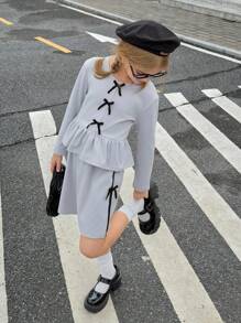 SHEIN Tween Girl Bow Decor Long Sleeve Ruffle Hem T-Shirt And Skirt Set - Grey - View 5