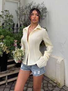 Sunnyshic 修身白色条纹纽扣领长袖衬衫，荷叶边袖口，优雅休闲百搭女士办公室装，春夏季 - 黃色 - 查看 6