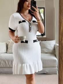 Vionelle Đầm xòe cổ điển tay ngắn thắt nút kim loại cỡ lớn cho nữ, thời trang thanh lịch, giản dị, đa năng - trắng - Xem 3