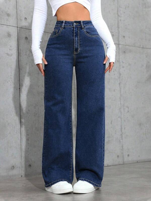 SHEIN ICON Casual High Waist Straight Leg Washed Denim Jeans