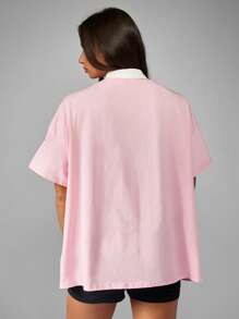 Missguided x Playboy Pink Jersey Polo Neck Sports Varsity Collegiate Letter Print Oversized Rugby Style T-Shirt Top Summer Spring Weekend Streetwear Festival Top - Pink - View 2