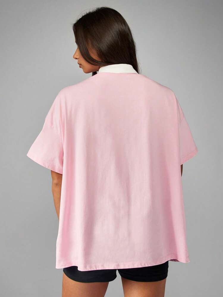 Missguided x Playboy Pink Jersey Polo Neck Sports Varsity Collegiate Letter Print Oversized Rugby Style T-Shirt Top Summer Spring Weekend Streetwear Festival Top