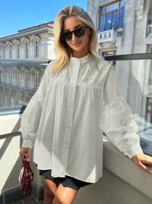 EURMUSE 100%纯棉钻石装饰灯笼袖立领衬衫 - 奶油色 - 查看 1