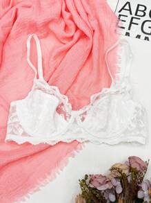 SHEIN 1 件女士浪漫蕾丝钢圈文胸，简约性感文胸，白色 - 白色 - 查看 6