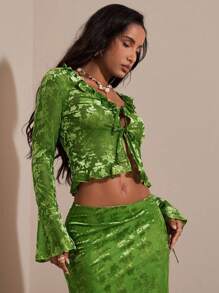 Opulessa Grüne Damen Urlaubs-Strickbluse mit Glockenärmeln, V-Ausschnitt, Vorderbindung und Rüschensaum, geeignet für Schule, Y2K, Business Lässig, Country Konzert, Bescheiden, Basic, Hochzeitsgast, Geburtstag, Ausgehen/Date Night, Lehrerin, Club, Halloween Kostüm - Grün - Übersicht 7