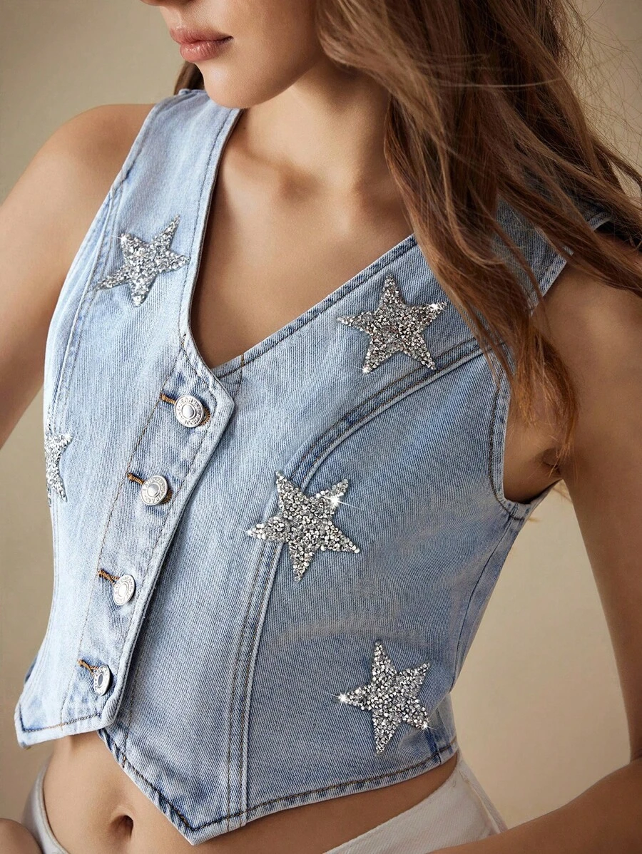 Selenza Của phụ nữ Denim Áo khoác vest Với Hình sao Kim sa Đồ trang trí - Màu xanh lam - Xem 1