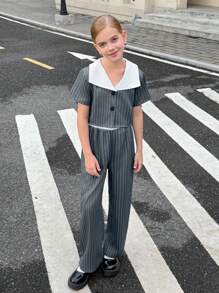 SHEIN 2 pièces Ensemble : Top rayé et pantalon de mode française. Veste courte avec fermeture à boutons avant, pantalon large taille haute, convient pour le port quotidien et les vacances, printemps/automne