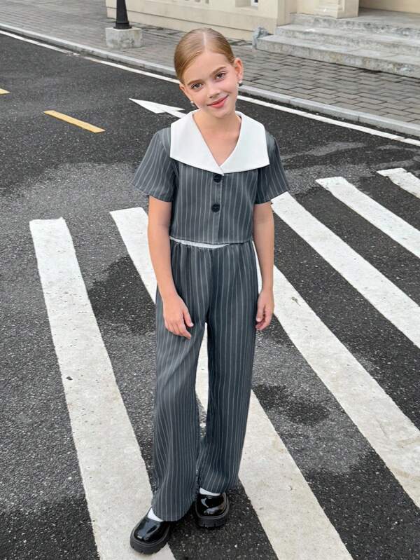 SHEIN Set da 2 pezzi: top a righe e pantaloni stile francese. Giacca corta con chiusura a bottoni anteriore, pantaloni a vita alta a gamba ampia, adatti per uso quotidiano e vacanze, primavera/autunno