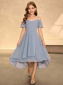 Mädchen elegantes minimalistisches Off-Shoulder Kurzarm Midi Kleid mit hoher Taille und asymmetrischem Saum aus Chiffon, geeignet für Abschluss, Abendveranstaltungen - Graublau - Übersicht 4