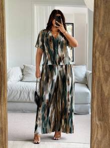 Vionelle 2 件套加大码女式阔腿裤和荷叶边短袖衬衫，宽松扎染服装 - 綠色 - 查看 7
