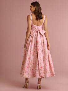 Enchnt Spring/Summer Romantic Women's Pastel Pink Floral Print Big Bowknot Back Cinched Waist Sleeveless Backless Princess Long Dress,Sweet&Elegant For Vacation&Date&Holiday&Going Out,Spring Outfit Women - Coral Pink - View 7
