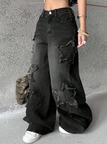 Coolane 少女饶舌歌手运动休闲垃圾摇滚星形图案水洗牛仔裤